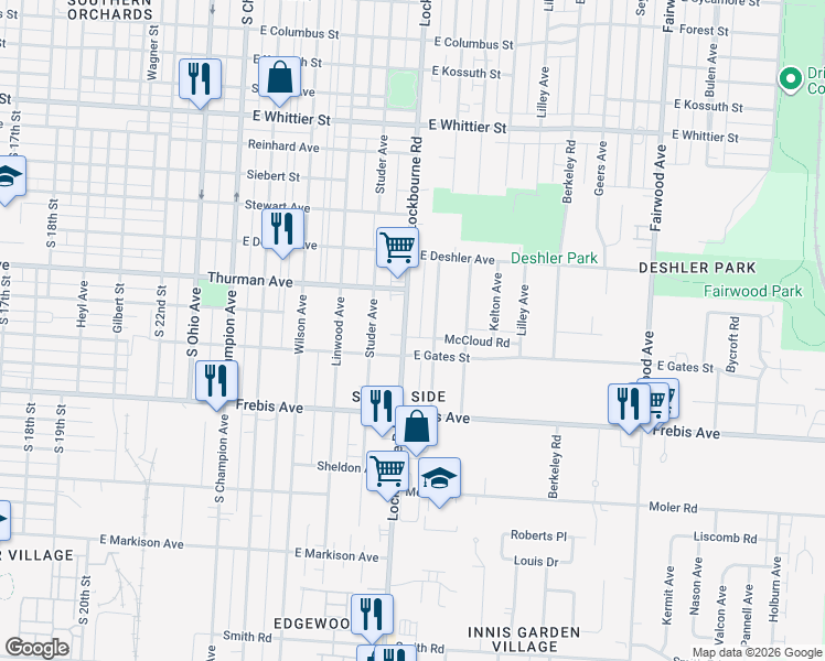 map of restaurants, bars, coffee shops, grocery stores, and more near 1383 Miller Avenue in Columbus