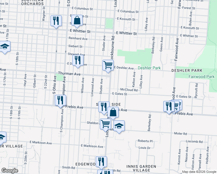 map of restaurants, bars, coffee shops, grocery stores, and more near 1370 Studer Avenue in Columbus