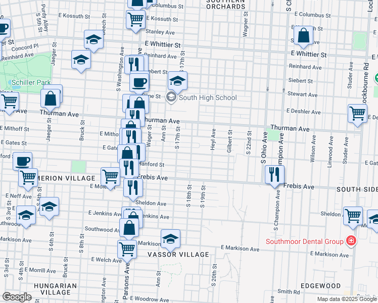 map of restaurants, bars, coffee shops, grocery stores, and more near 1297 South 18th Street in Columbus