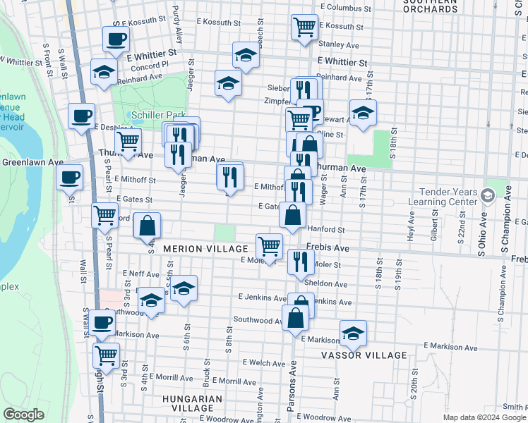 map of restaurants, bars, coffee shops, grocery stores, and more near 358 East Gates Street in Columbus
