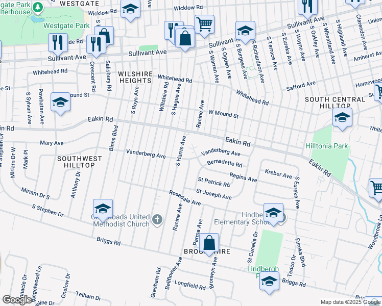 map of restaurants, bars, coffee shops, grocery stores, and more near 844 South Harris Avenue in Columbus