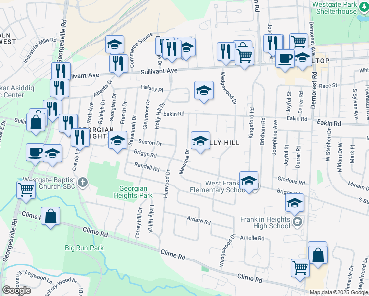 map of restaurants, bars, coffee shops, grocery stores, and more near 776 Harwood Drive in Columbus