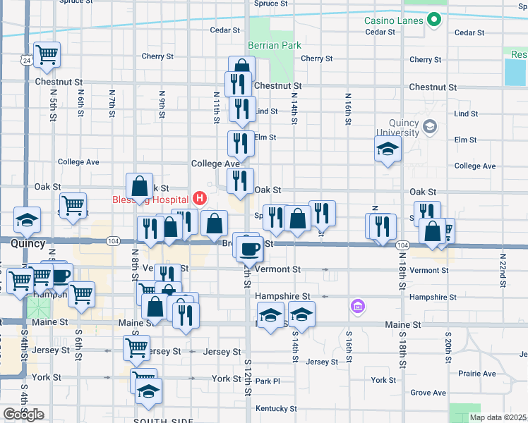 map of restaurants, bars, coffee shops, grocery stores, and more near 515 North 13th Street in Quincy