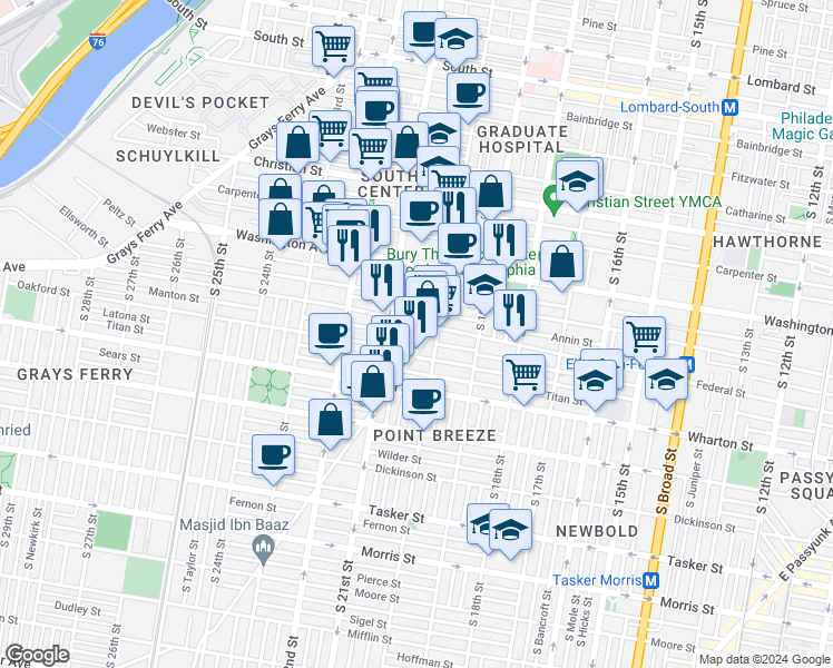 map of restaurants, bars, coffee shops, grocery stores, and more near 2013 Manton Street in Philadelphia