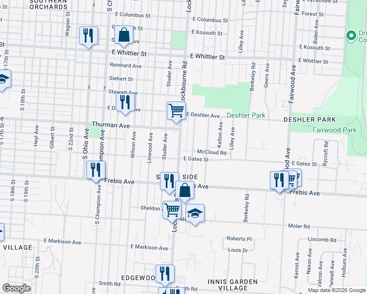 map of restaurants, bars, coffee shops, grocery stores, and more near 1383 Miller Avenue in Columbus