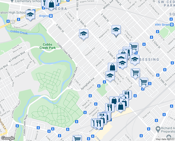 map of restaurants, bars, coffee shops, grocery stores, and more near 5838 Warrington Avenue in Philadelphia