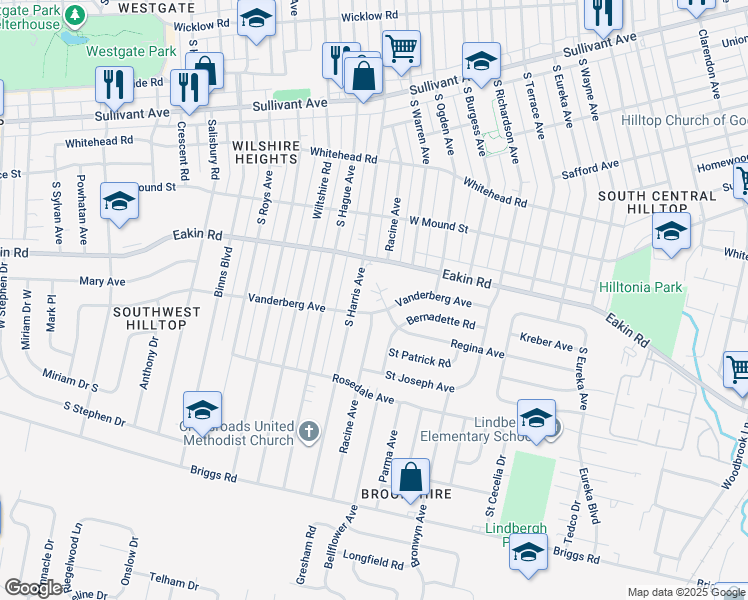 map of restaurants, bars, coffee shops, grocery stores, and more near 844 South Harris Avenue in Columbus