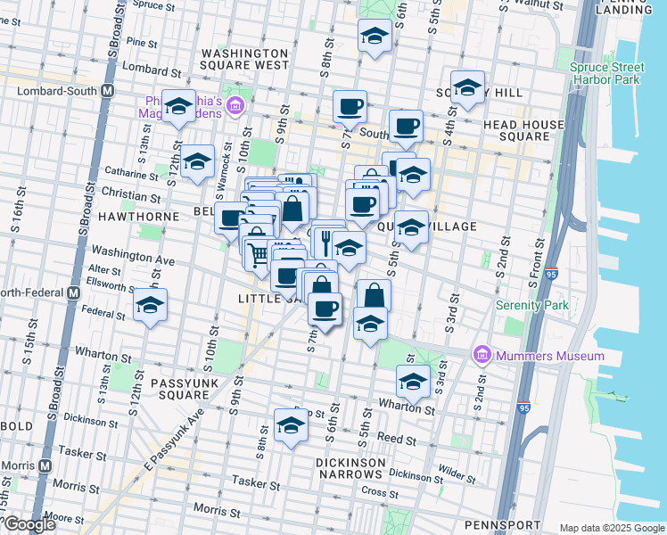 map of restaurants, bars, coffee shops, grocery stores, and more near 1225 Annin Street in Philadelphia