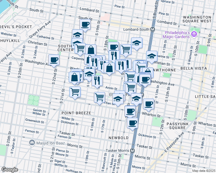 map of restaurants, bars, coffee shops, grocery stores, and more near 1705 Annin Street in Philadelphia