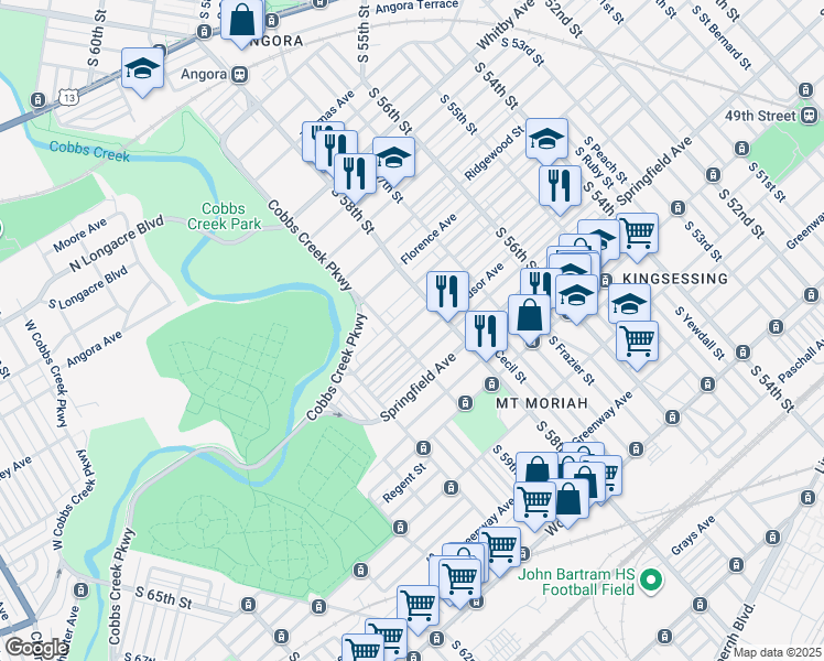 map of restaurants, bars, coffee shops, grocery stores, and more near 5838 Warrington Avenue in Philadelphia