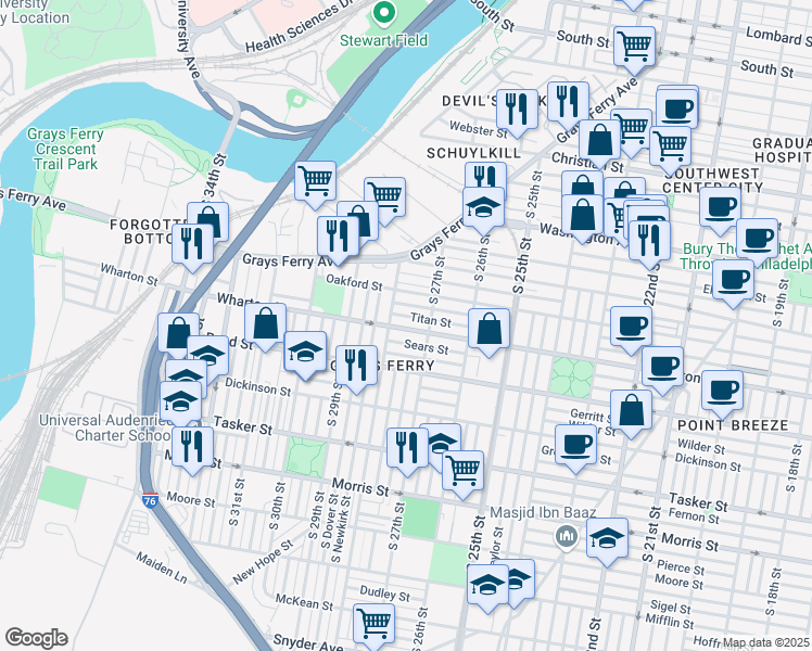 map of restaurants, bars, coffee shops, grocery stores, and more near 2735 Wharton Street in Philadelphia