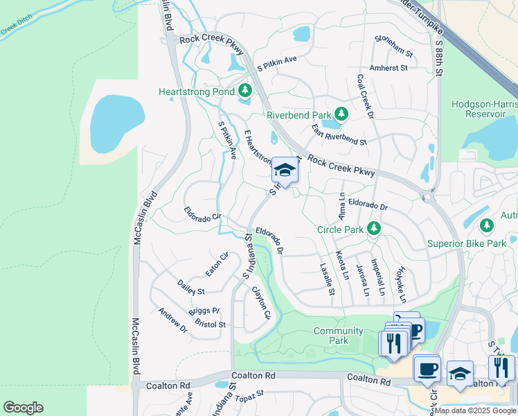 map of restaurants, bars, coffee shops, grocery stores, and more near 1800 South Indiana Street in Superior