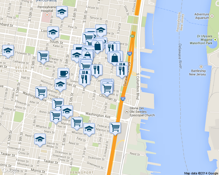 map of restaurants, bars, coffee shops, grocery stores, and more near 821 South 2nd Street in Philadelphia