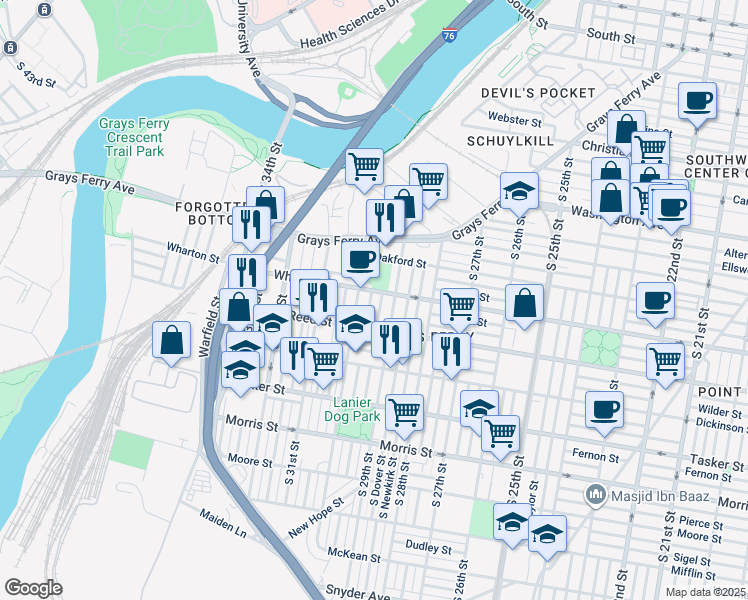 map of restaurants, bars, coffee shops, grocery stores, and more near 1309 South Myrtlewood Street in Philadelphia
