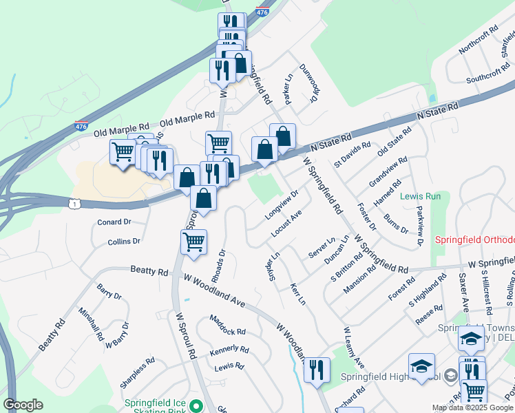 map of restaurants, bars, coffee shops, grocery stores, and more near 111 Sloan Road in Springfield