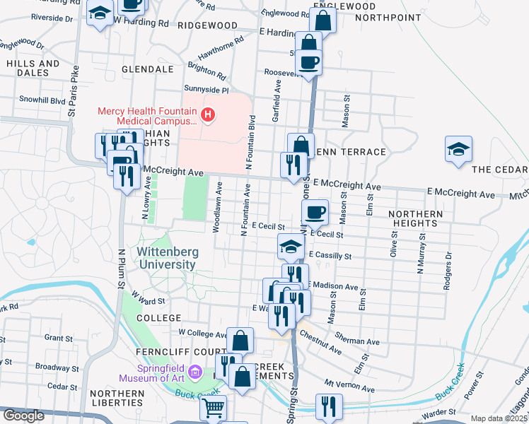 map of restaurants, bars, coffee shops, grocery stores, and more near 1021 Garfield Avenue in Springfield