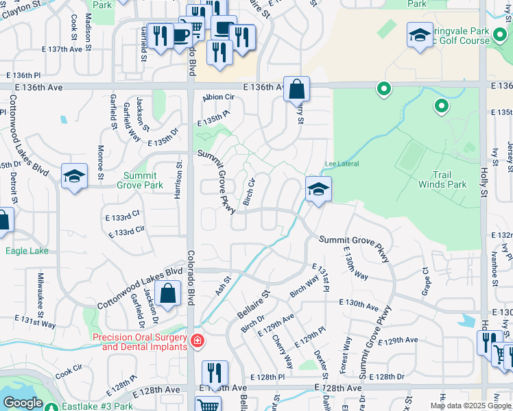 map of restaurants, bars, coffee shops, grocery stores, and more near 13396 Birch Circle in Thornton