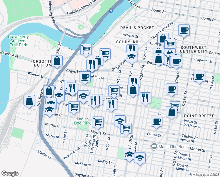 map of restaurants, bars, coffee shops, grocery stores, and more near 2739 Wharton Street in Philadelphia