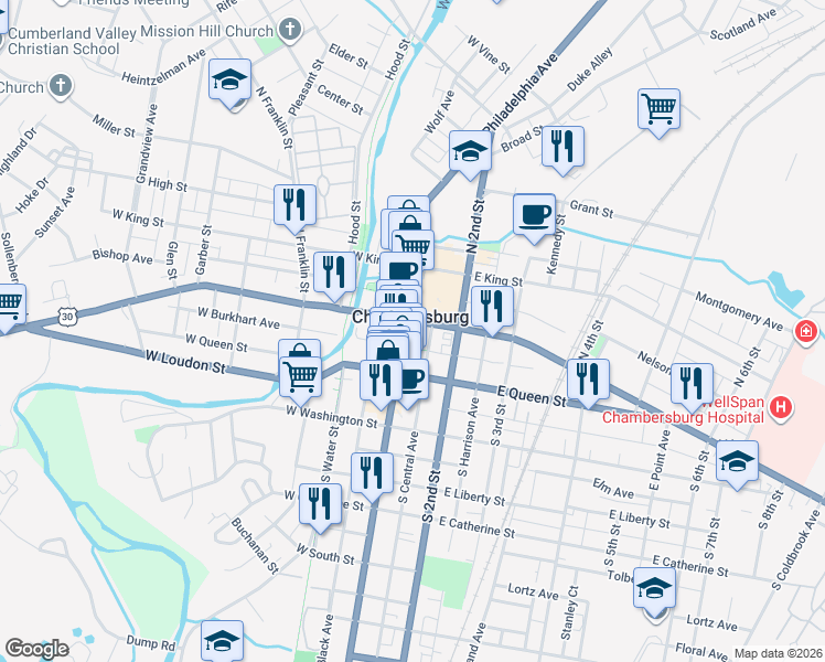 map of restaurants, bars, coffee shops, grocery stores, and more near in Chambersburg