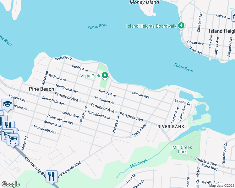 map of restaurants, bars, coffee shops, grocery stores, and more near 718 Radnor Avenue in Pine Beach