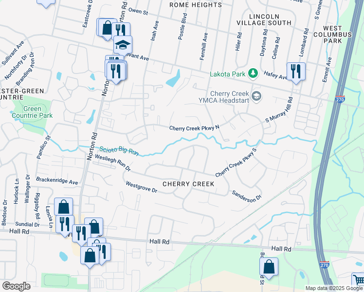 map of restaurants, bars, coffee shops, grocery stores, and more near 675 Cherryhaven Drive in Columbus