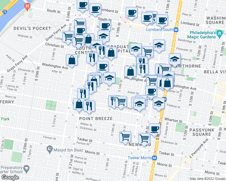 map of restaurants, bars, coffee shops, grocery stores, and more near 1159 Dorrance Street in Philadelphia
