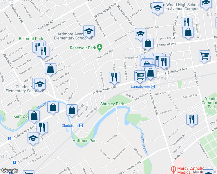map of restaurants, bars, coffee shops, grocery stores, and more near 119 West Baltimore Avenue in Lansdowne
