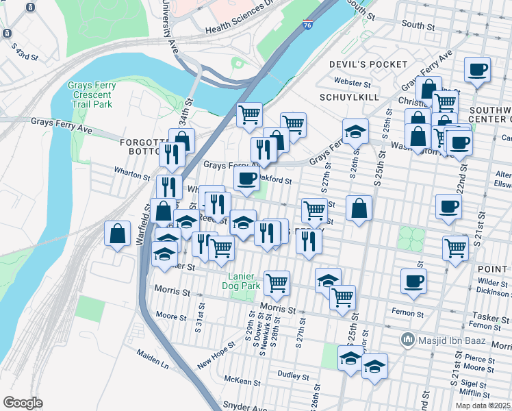 map of restaurants, bars, coffee shops, grocery stores, and more near 1309 South Myrtlewood Street in Philadelphia