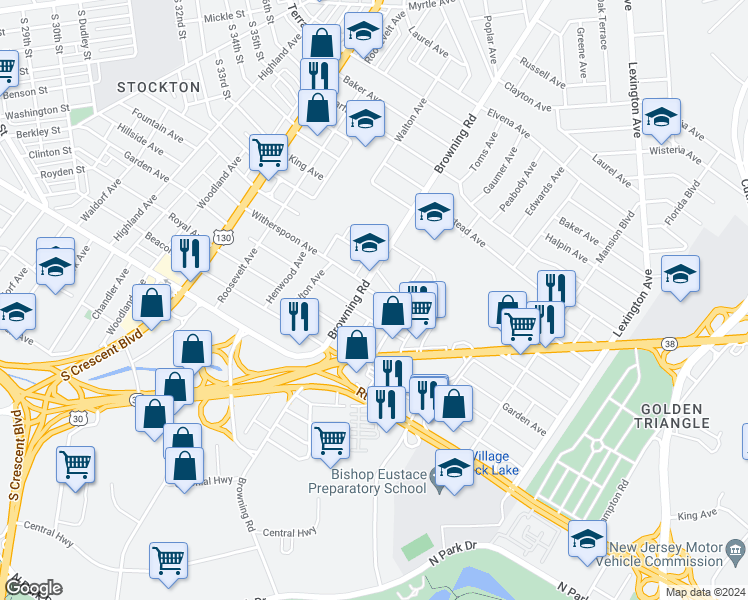 map of restaurants, bars, coffee shops, grocery stores, and more near 5024 Witherspoon Avenue in Pennsauken Township