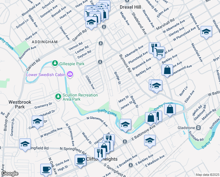 map of restaurants, bars, coffee shops, grocery stores, and more near 162 Blanchard Road in Drexel Hill