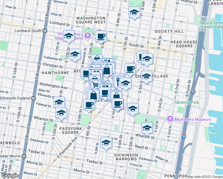 map of restaurants, bars, coffee shops, grocery stores, and more near 729 Carpenter Street in Philadelphia