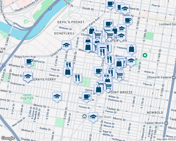 map of restaurants, bars, coffee shops, grocery stores, and more near 1233 South Bucknell Street in Philadelphia