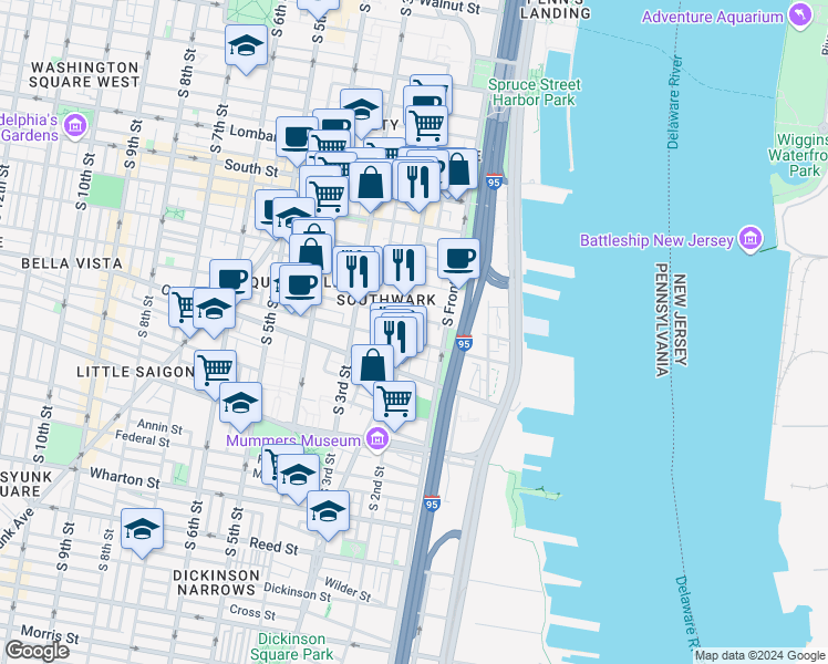 map of restaurants, bars, coffee shops, grocery stores, and more near 812 South Hancock Street in Philadelphia
