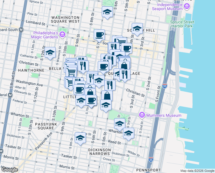 map of restaurants, bars, coffee shops, grocery stores, and more near 914 South 5th Street in Philadelphia