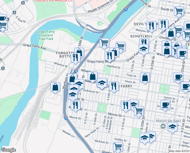 map of restaurants, bars, coffee shops, grocery stores, and more near 1322 South Stanley Street in Philadelphia