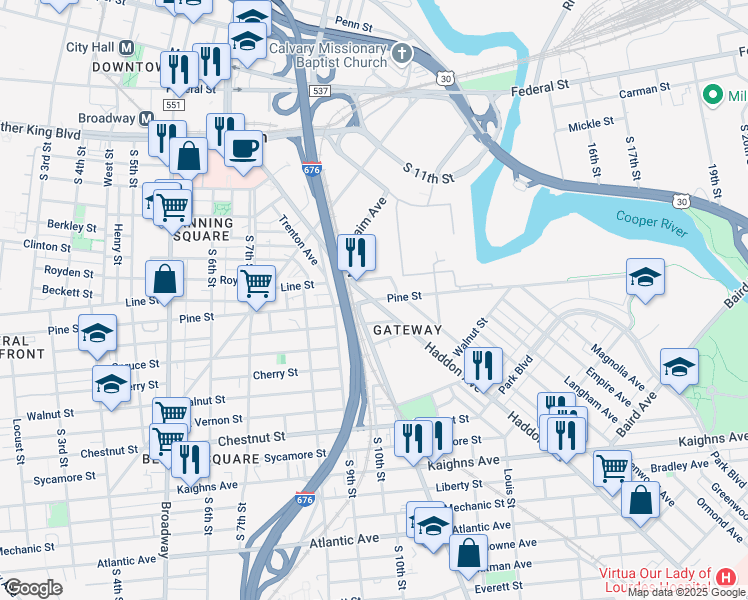 map of restaurants, bars, coffee shops, grocery stores, and more near 1053 Pine Street in Camden