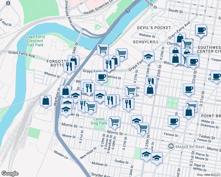 map of restaurants, bars, coffee shops, grocery stores, and more near 2902 Wharton Street in Philadelphia