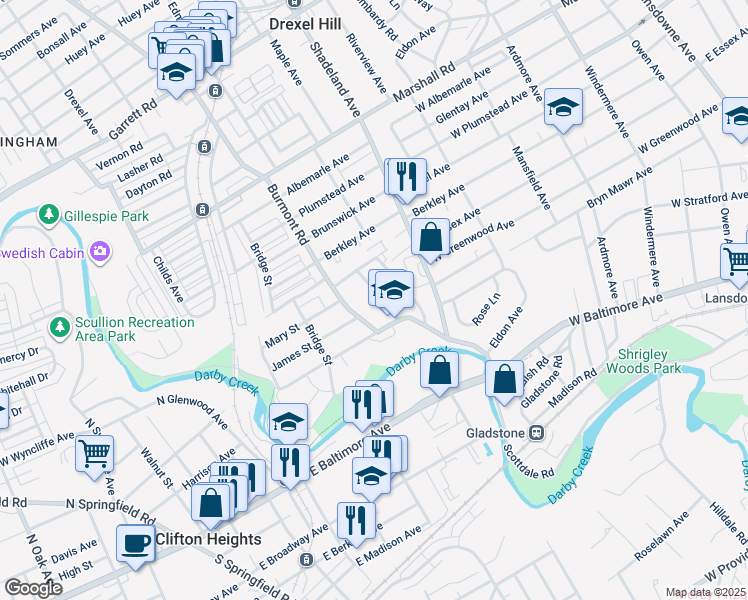 map of restaurants, bars, coffee shops, grocery stores, and more near 128 Saint Charles Street in Drexel Hill