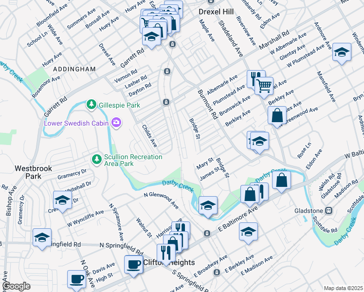 map of restaurants, bars, coffee shops, grocery stores, and more near 162 Blanchard Road in Drexel Hill