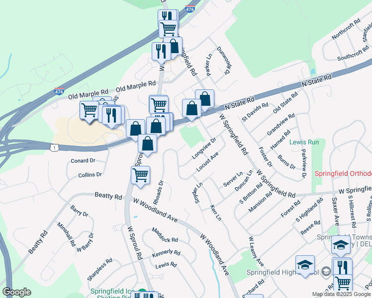 map of restaurants, bars, coffee shops, grocery stores, and more near 111 Sloan Road in Springfield