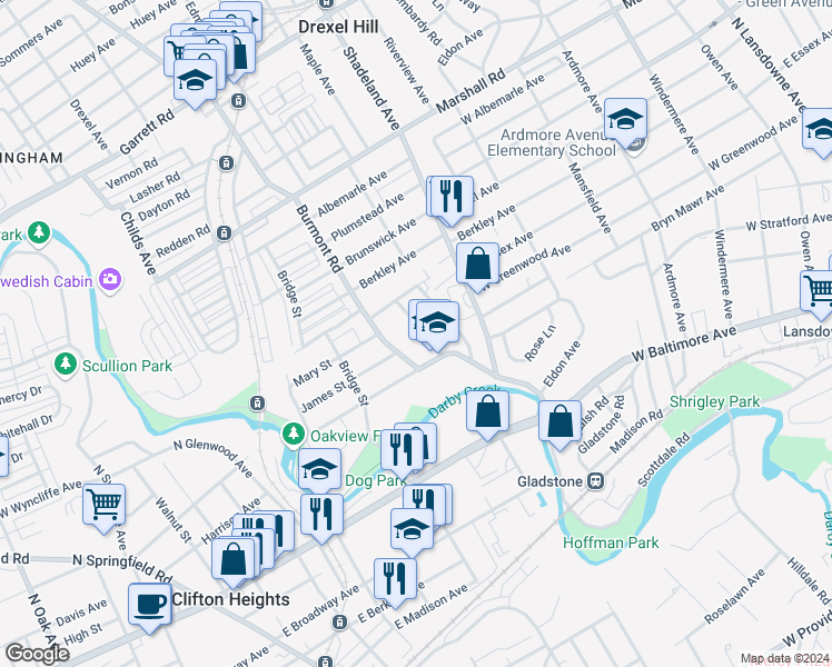 map of restaurants, bars, coffee shops, grocery stores, and more near 128 Saint Charles Street in Drexel Hill