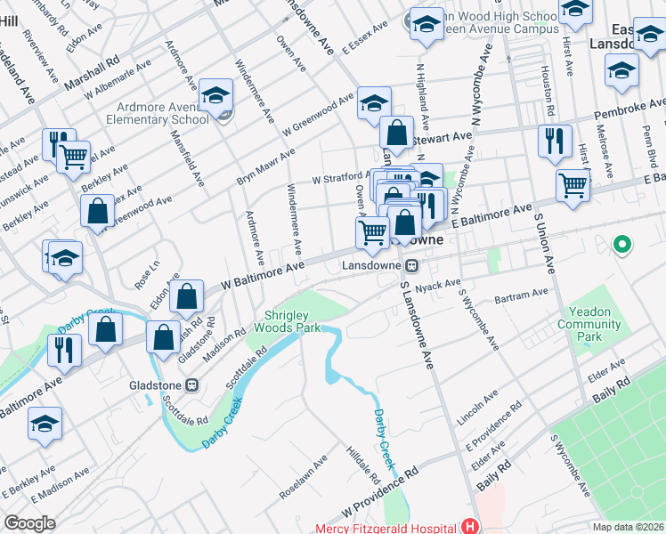 map of restaurants, bars, coffee shops, grocery stores, and more near 80 West Baltimore Avenue in Lansdowne