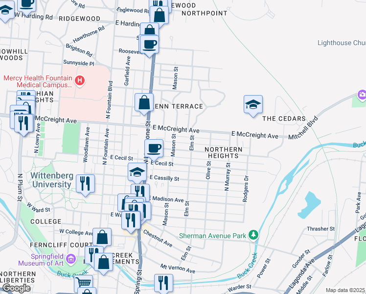 map of restaurants, bars, coffee shops, grocery stores, and more near 1121 Elm Street in Springfield
