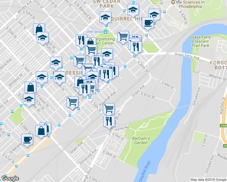 map of restaurants, bars, coffee shops, grocery stores, and more near 1649 South Wilton Street in Philadelphia