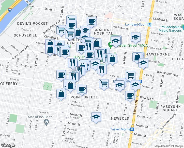 map of restaurants, bars, coffee shops, grocery stores, and more near 1909 Federal Street in Philadelphia