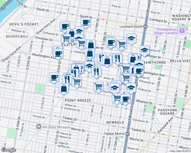 map of restaurants, bars, coffee shops, grocery stores, and more near 1141 South Cleveland Street in Philadelphia