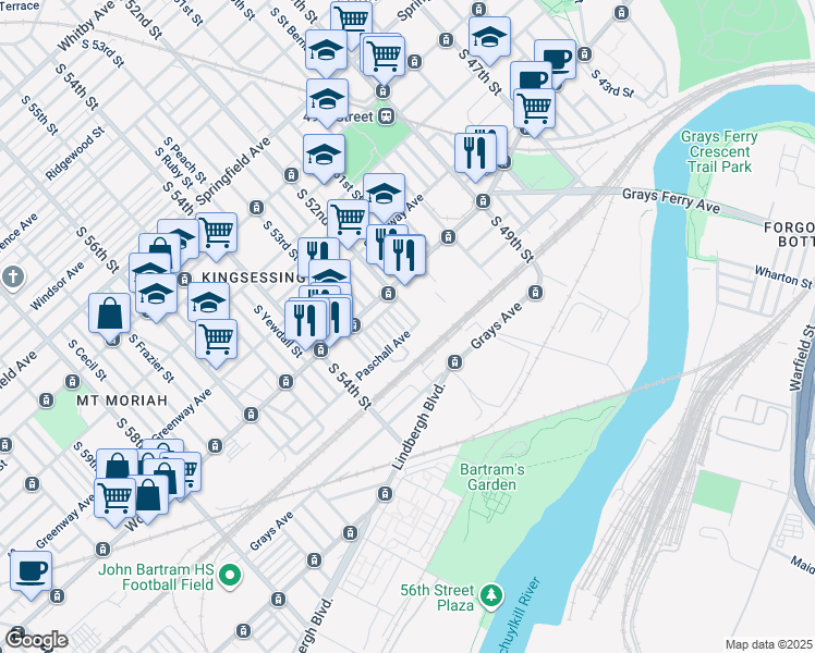 map of restaurants, bars, coffee shops, grocery stores, and more near 1649 South Wilton Street in Philadelphia