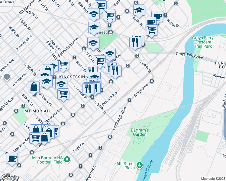 map of restaurants, bars, coffee shops, grocery stores, and more near 1636 South Wilton Street in Philadelphia