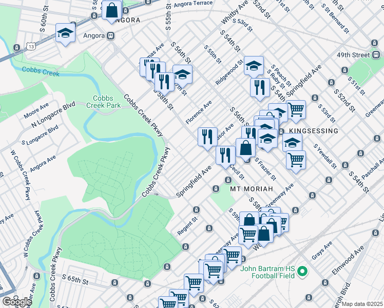 map of restaurants, bars, coffee shops, grocery stores, and more near 5834 Warrington Avenue in Philadelphia