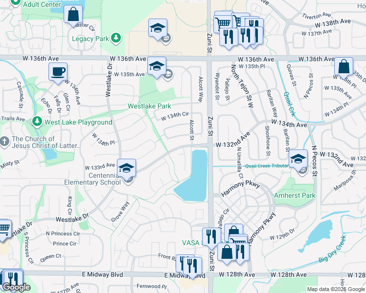 map of restaurants, bars, coffee shops, grocery stores, and more near 16443 Alcott Place in Broomfield